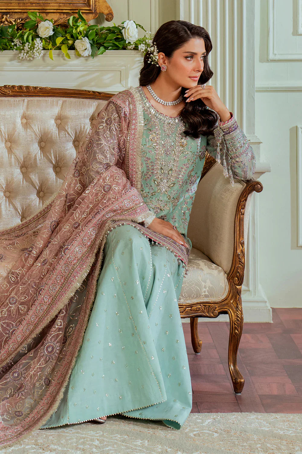Baroque Embroidered Net 3 piece suit CH13-08