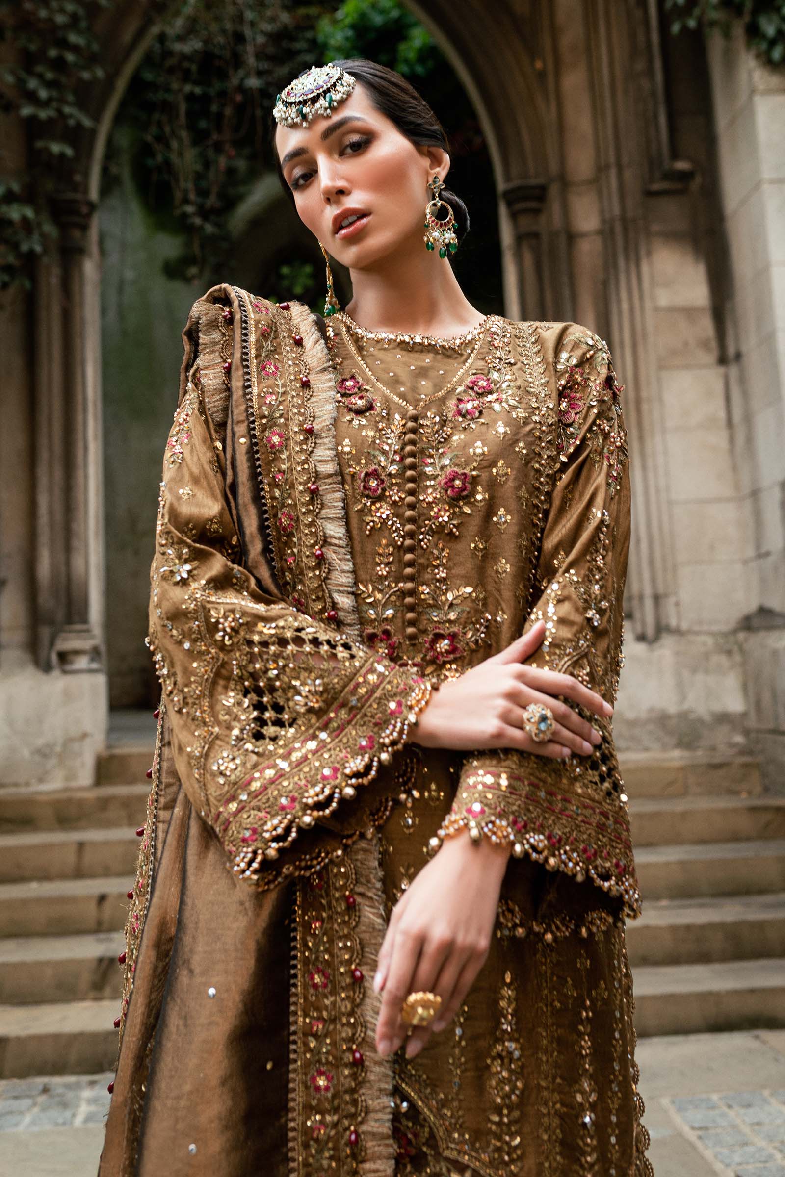 Maria B Embroidered Raw Silk Suit WF-09-04-Tambaku Brown