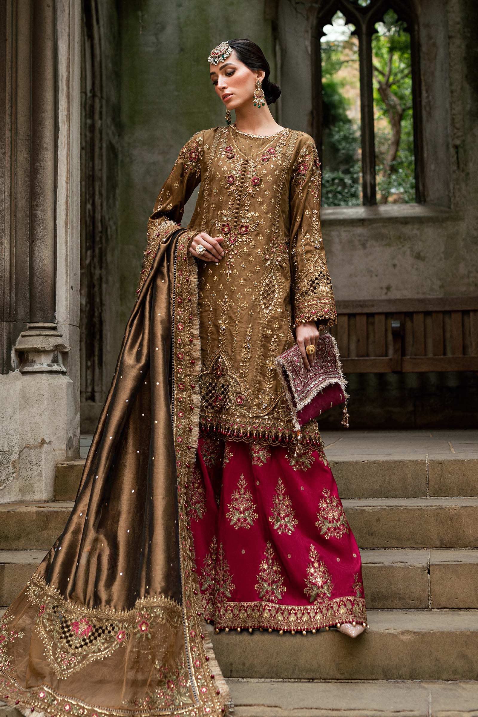 Maria B Embroidered Raw Silk Suit WF-09-04-Tambaku Brown