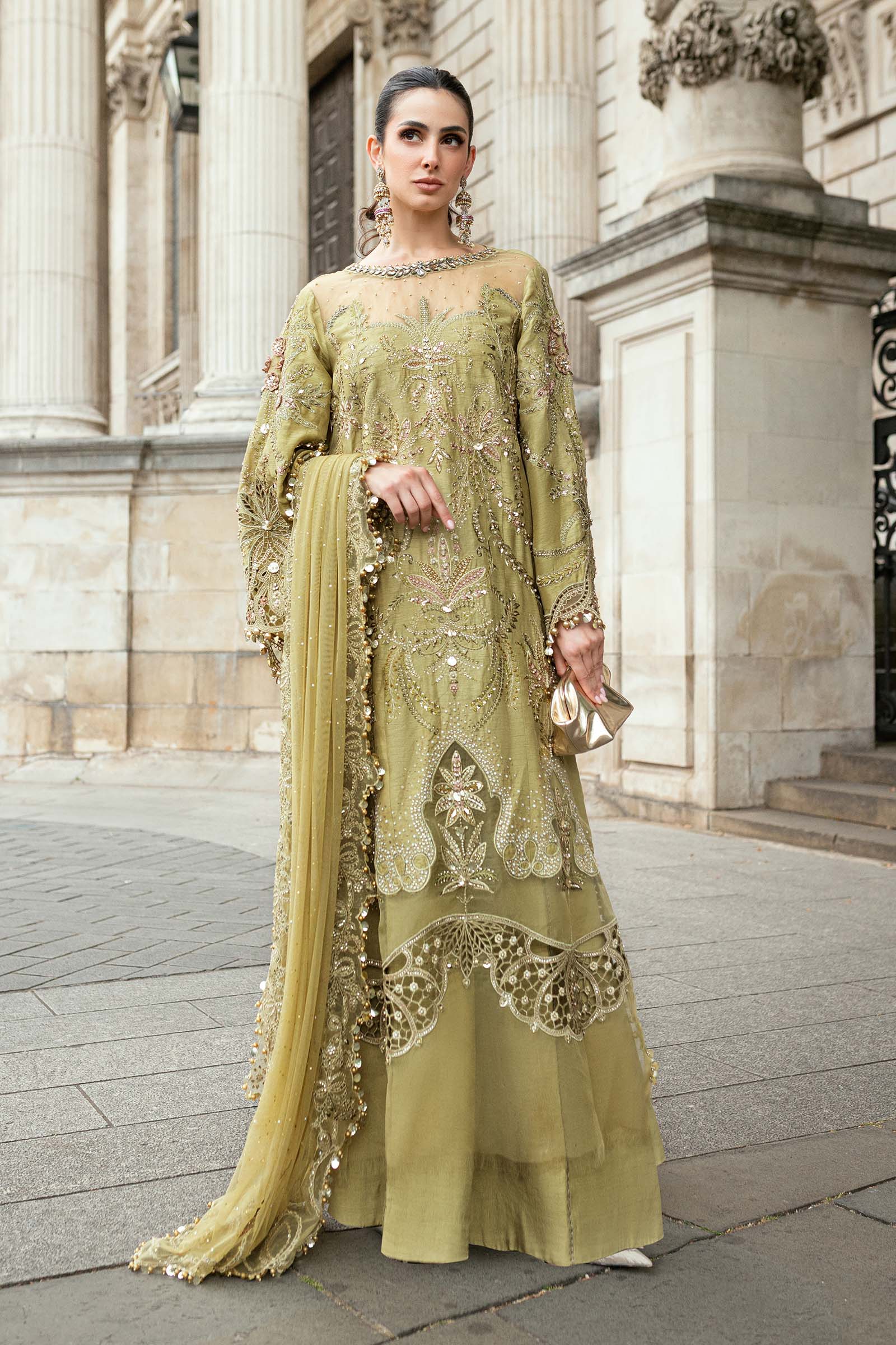 Maria B Embroidered Raw Silk Suit WF-09-08-Olive Green